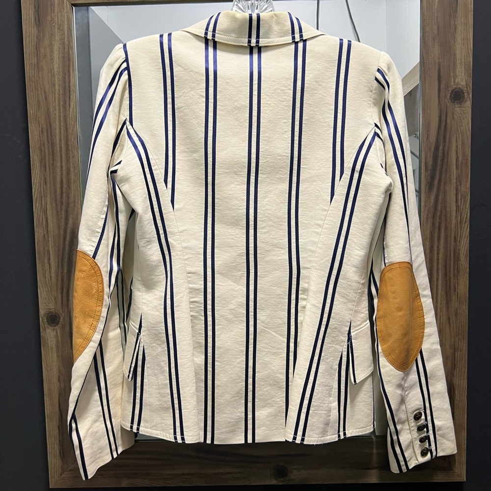 SMYTHE Classic Blazer off white with navy stripe + leather elbow patches Size 6